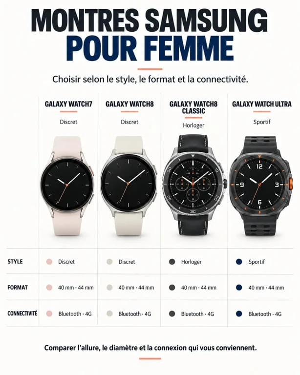 Infographie comparative des montres Samsung femme Galaxy Watch7, Watch8, Classic et Ultra