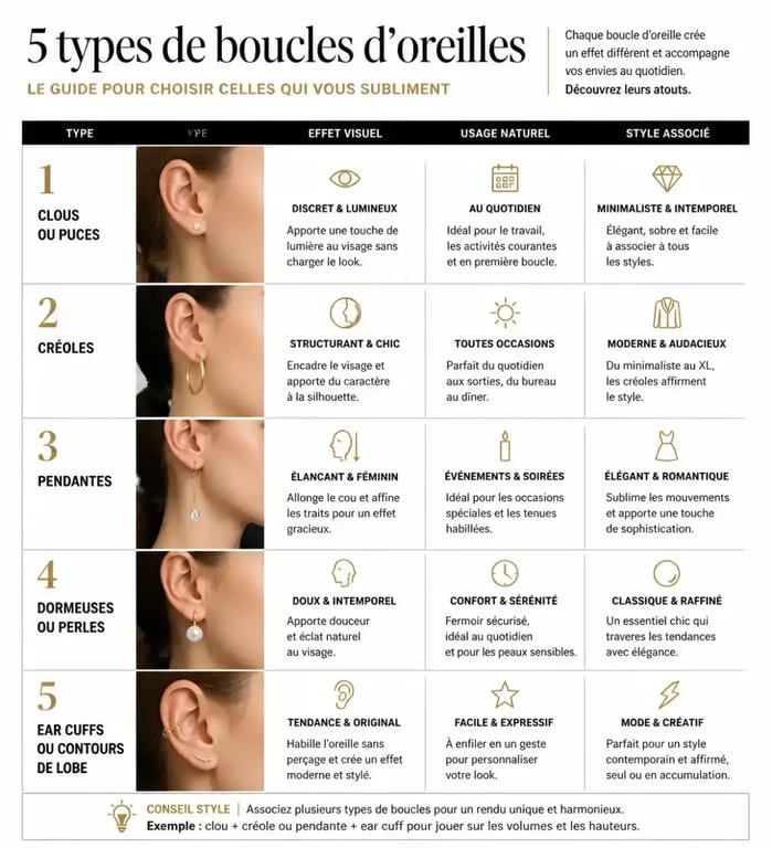 Infographie des types de boucles d’oreilles MATY : clous, créoles, pendantes et ear cuffs