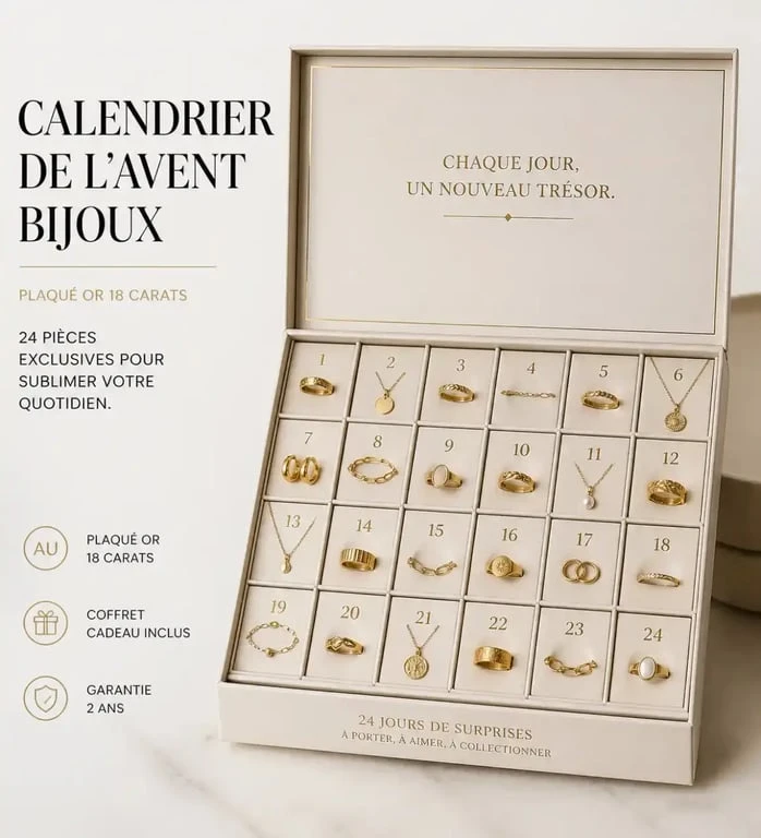 Calendrier de l'avent femme bijoux ouvert avec ses 24 cases contenant des bagues, bracelets et colliers
