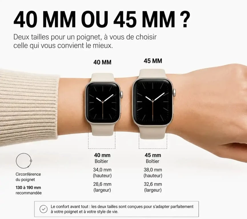Comparaison des tailles de boîtiers Apple Watch pour femme : 40mm vs 45mm