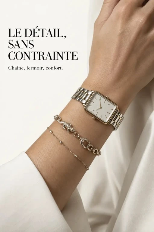Bracelet Lacoste femme porté avec une montre, fermoir et détail crocodile visibles