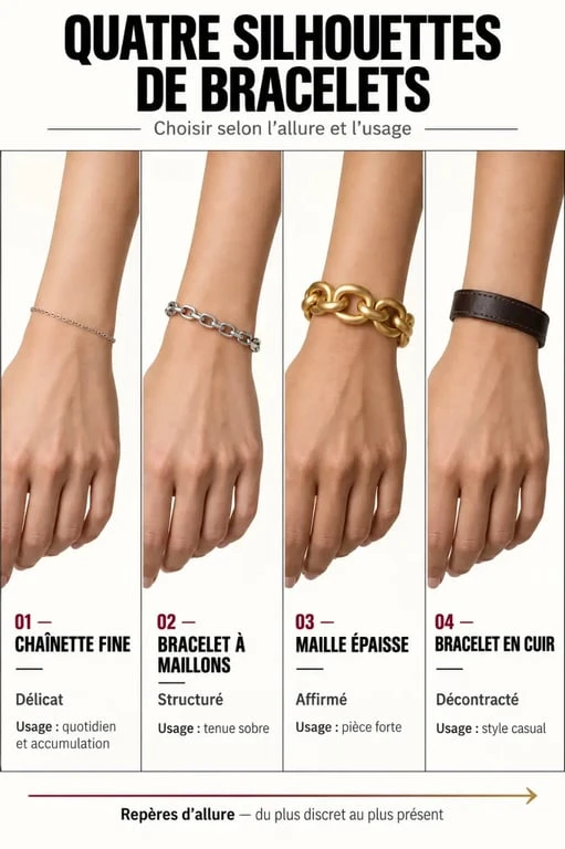 Comparaison visuelle de bracelets Lacoste femme fins, à maillons, épais et en cuir