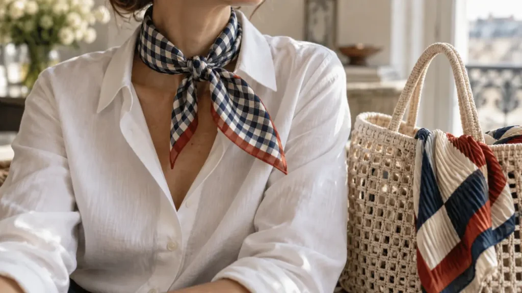 Foulards coton femme vichy 50×50 cm, noué au cou pour tenue légère