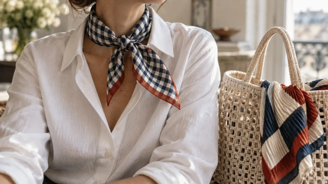 Foulards coton femme vichy 50×50 cm, noué au cou pour tenue légère