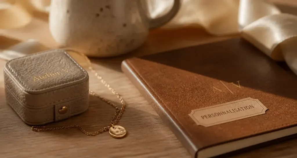 Idées cadeaux personnalisés femme : bijou en or recyclé et carnet en cuir gravé