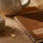 Idées cadeaux personnalisés femme : bijou en or recyclé et carnet en cuir gravé