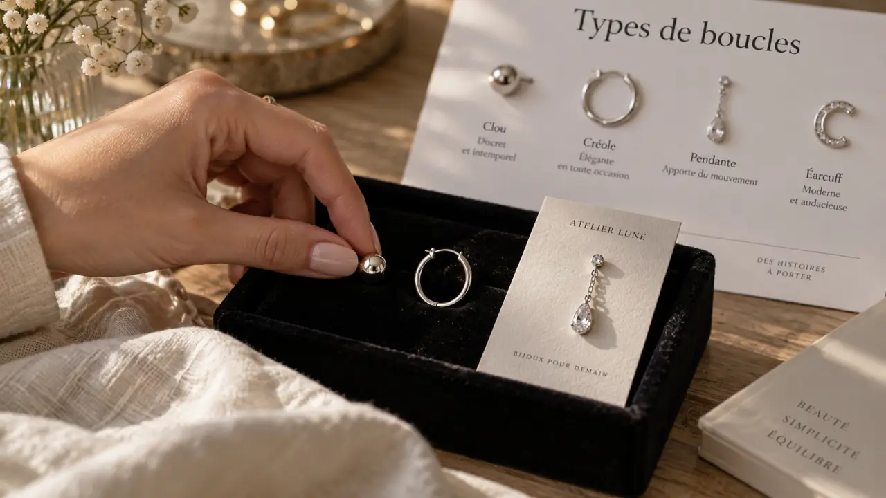 Maty boucles d oreilles : formes en argent sur présentoir velours