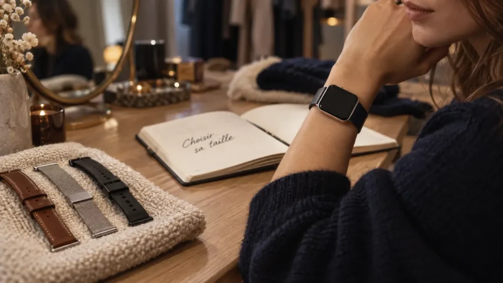 Montres Apple Watch femme : gros plan de bracelets et montre sur poignet