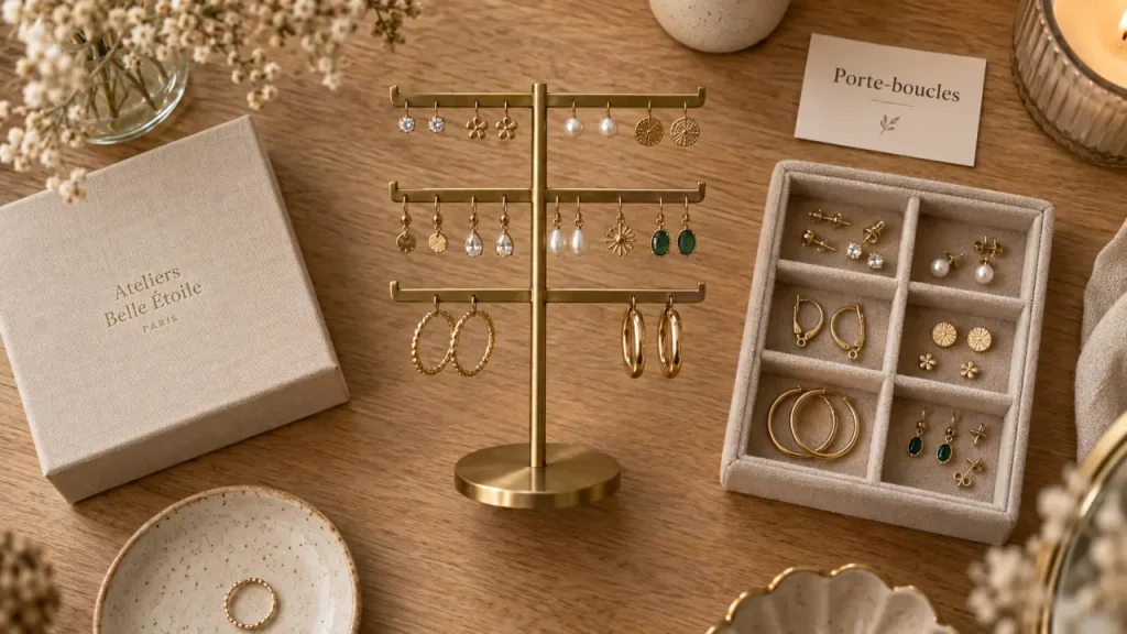 Porte boucles d oreilles sur support en laiton brossé