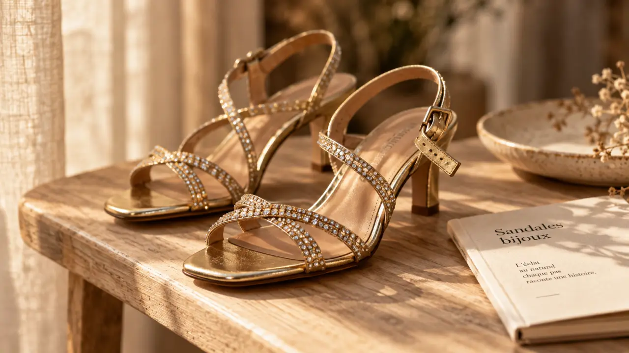Sandales femme bijoux dorées à brides strass, maintien et éclat
