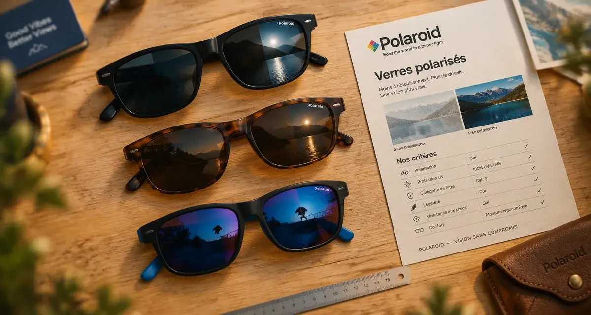 Polaroid lunettes de soleil : trois modèles sur table, verres polarisés et filtres d’usage