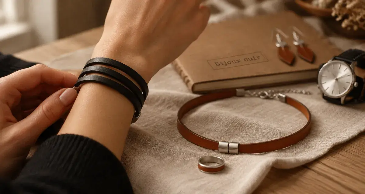 Bijoux cuir femme : bracelet manchette en cuir noir et collier cuir cognac