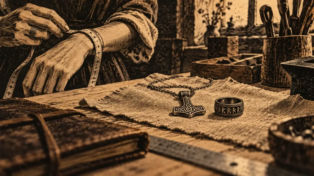 Bijoux femme viking : collier Mjolnir et bague gravée de runes sur établi en bois