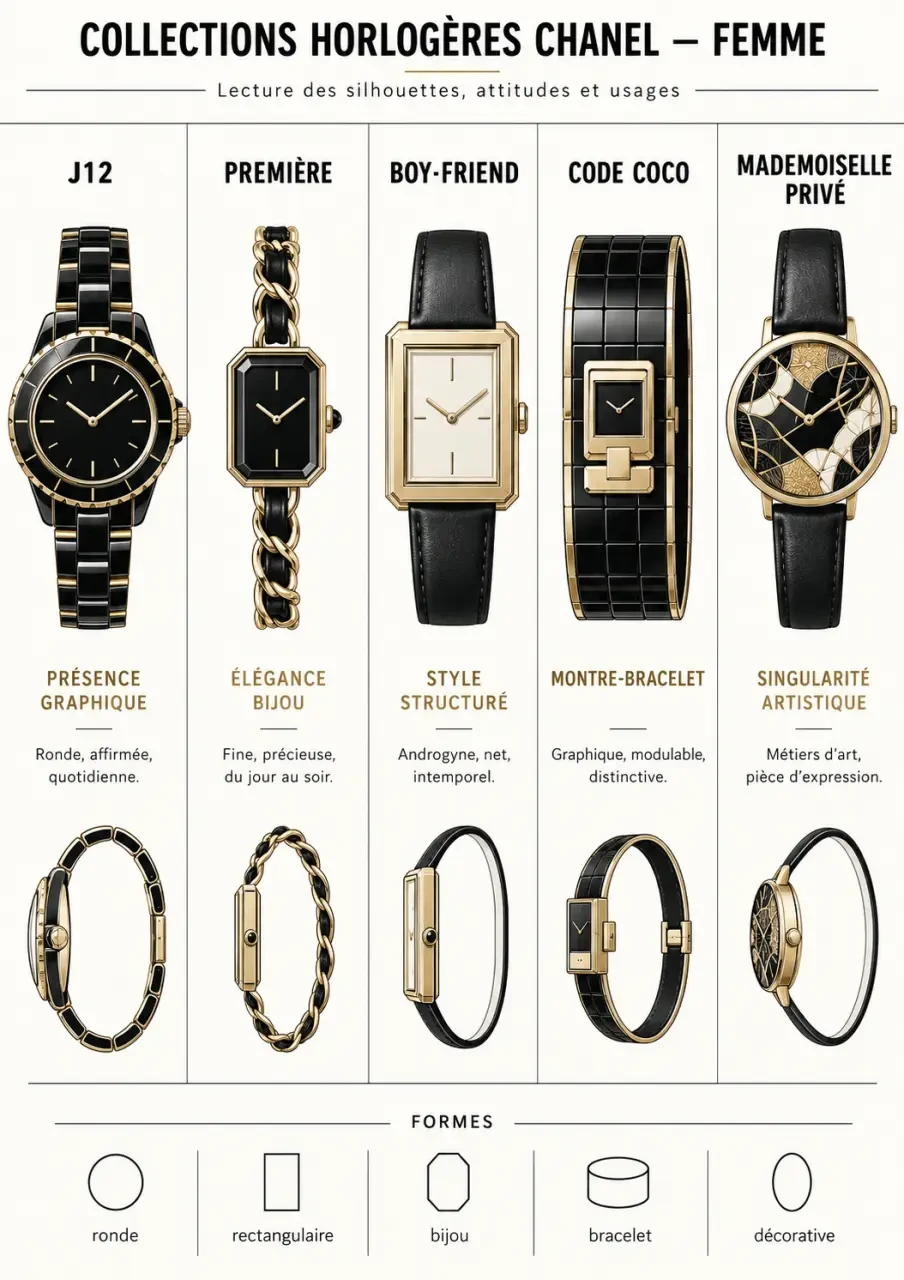 Infographie comparative des collections de montres Chanel femme J12, Première, BOY·FRIEND, Code Coco et Mademoiselle Privé