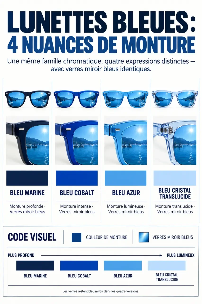 Lunettes de soleil bleu marine, cobalt, azur et cristal comparées selon la couleur de monture et des verres