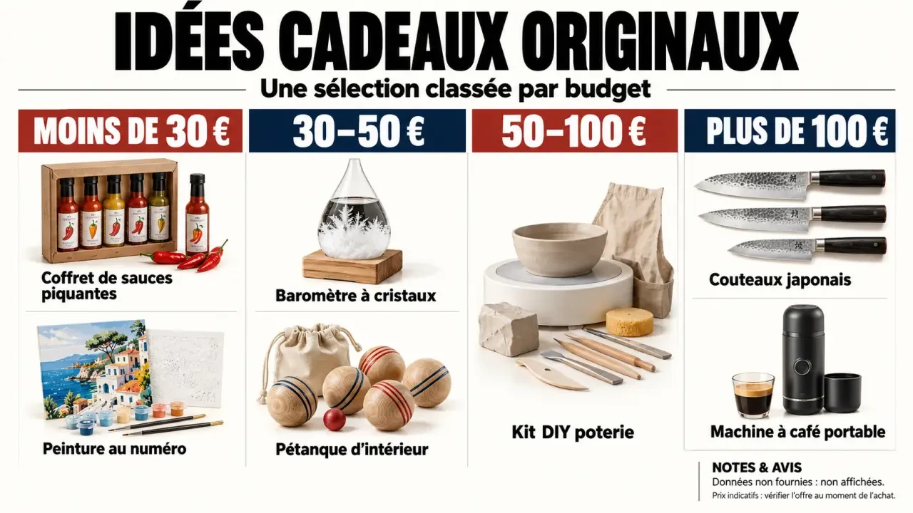 Infographie d’idées cadeaux originaux classées par budget, avec prix et avis