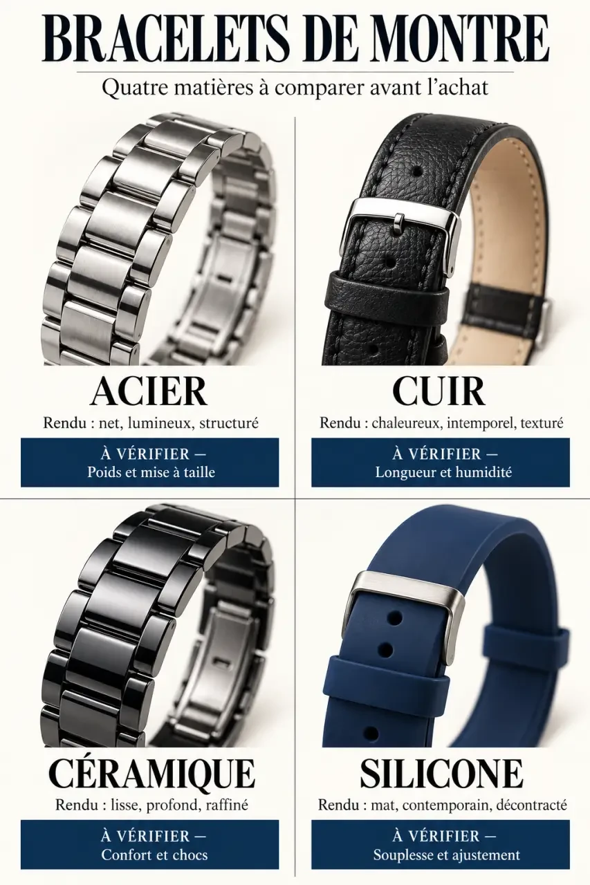 Infographie des matières de bracelet pour choisir une montre Mauboussin femme