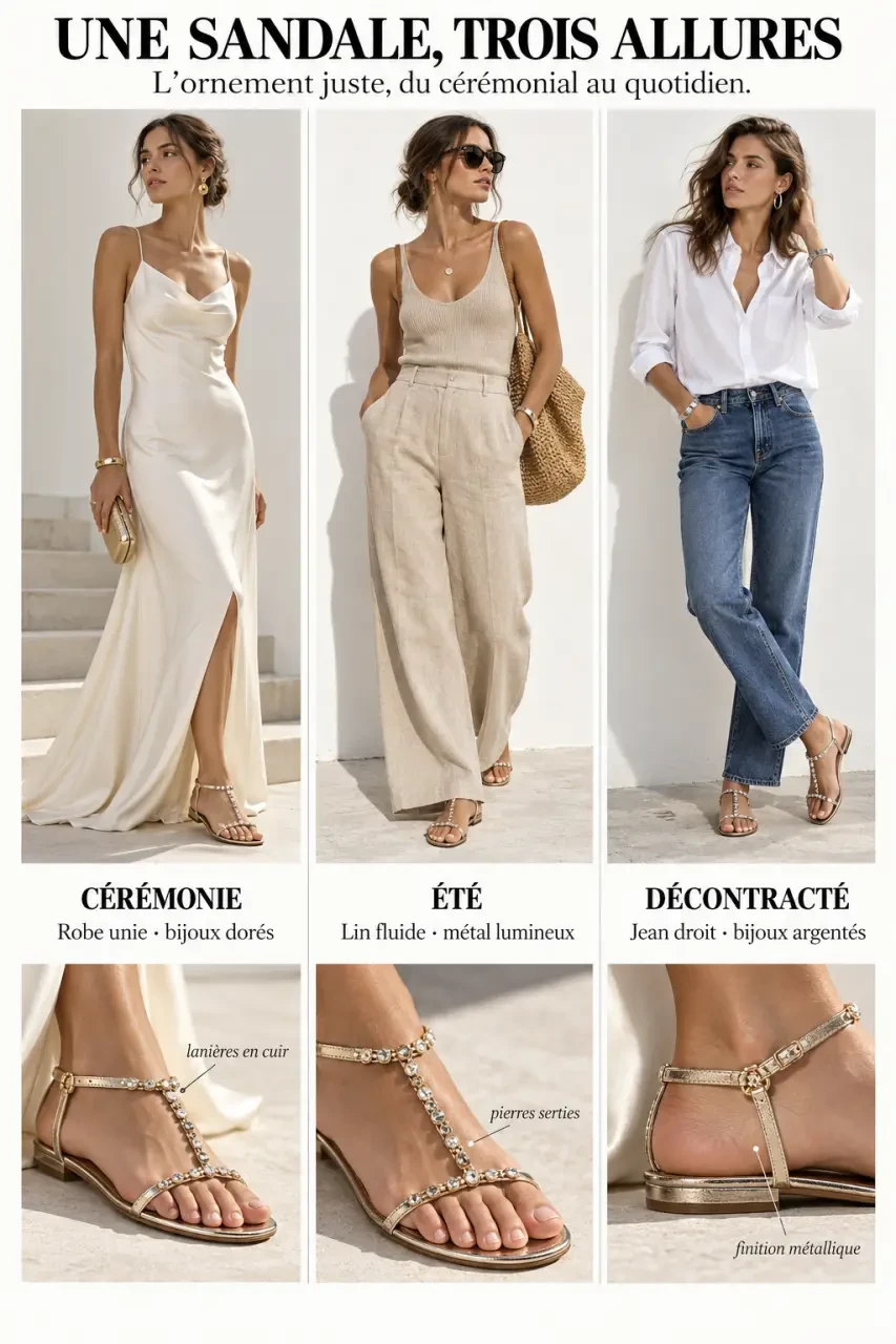 Sandale bijoux femme portée avec une robe, un pantalon en lin et un jean