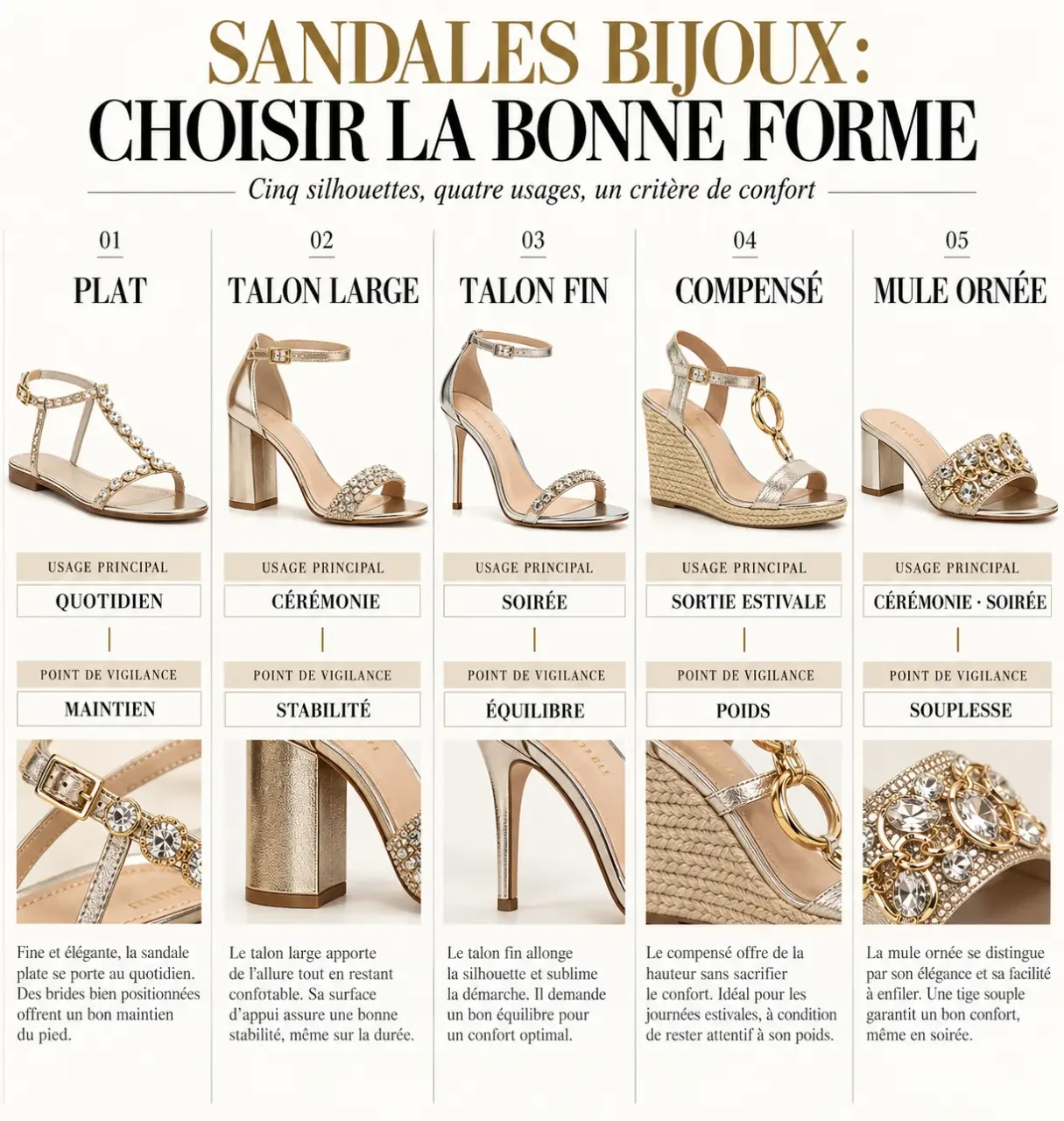 Sandale bijoux femme : comparaison visuelle des modèles plats, à talon, compensés et mules