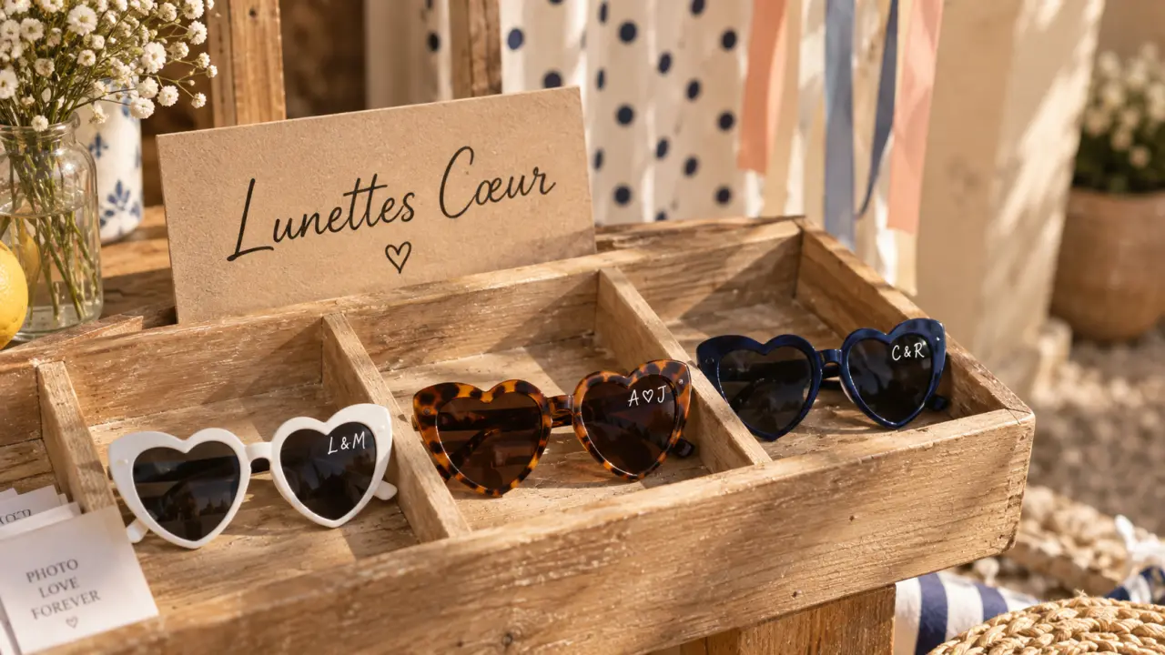 Lunettes de soleil coeur blanche, noire écaille et bleue sur photobooth de mariage