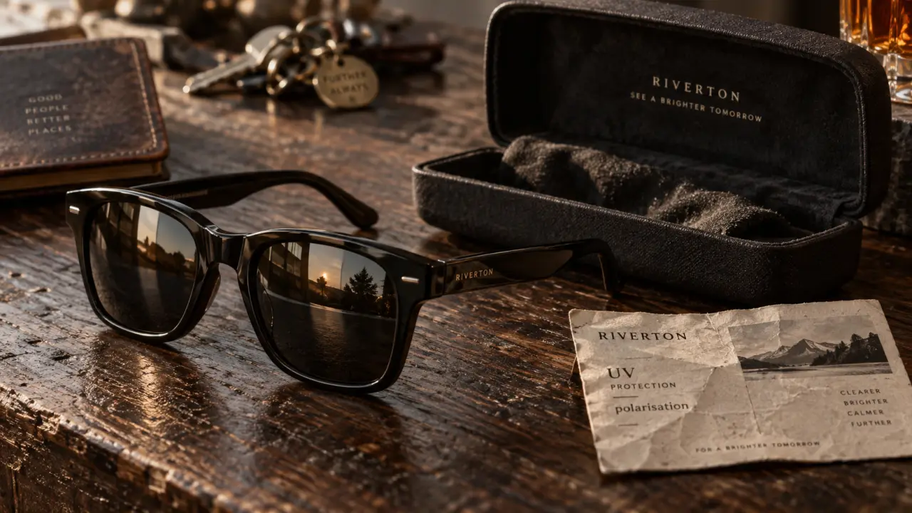 Lunettes de soleil noir sur table bois, verres miroir fumés