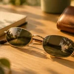 Lunettes de soleil ovales, monture dorée et verres fumés sur table bois clair