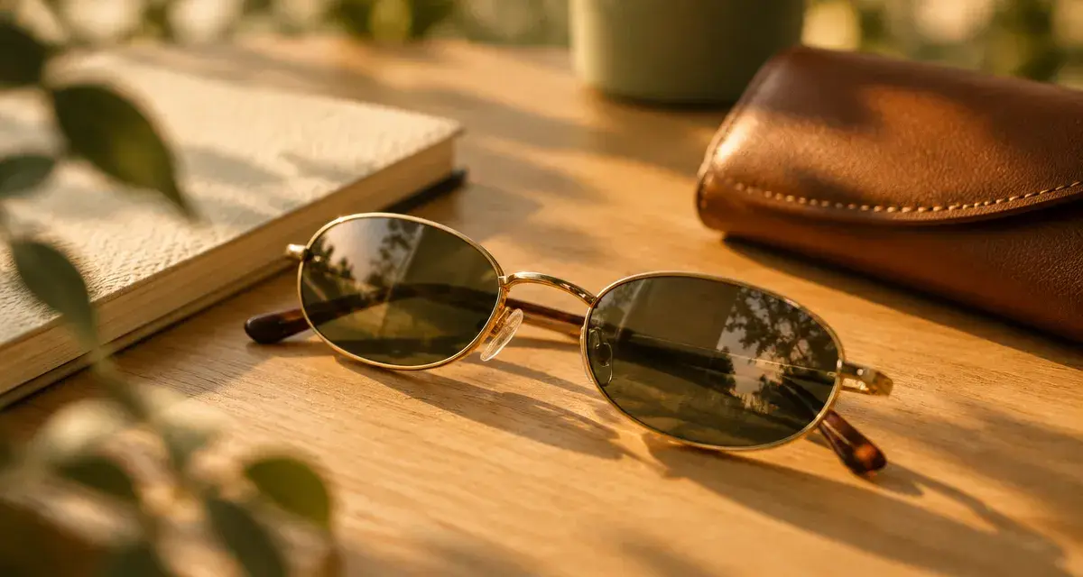 Lunettes de soleil ovales, monture dorée et verres fumés sur table bois clair