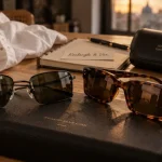 Lunettes de soleil rectangulaires en plan rapproché, monture noire et écaille