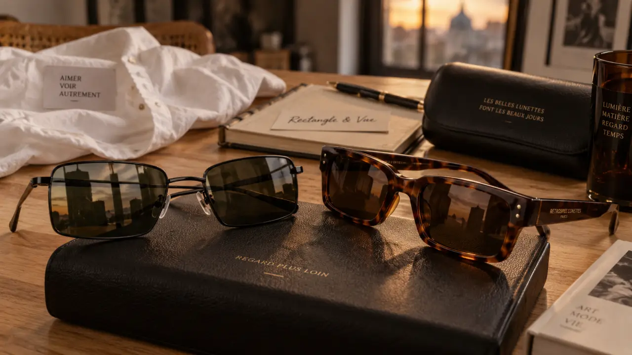 Lunettes de soleil rectangulaires en plan rapproché, monture noire et écaille