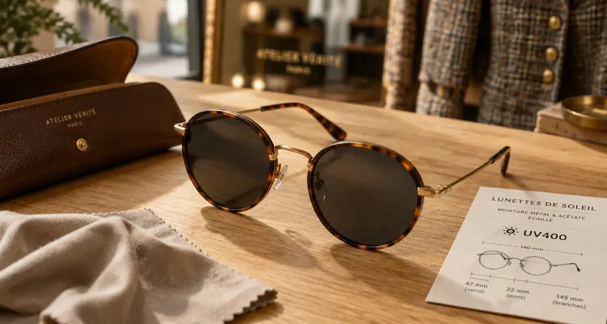 Lunettes de soleil rondes, monture métal et verres fumés UV400 sur table en bois