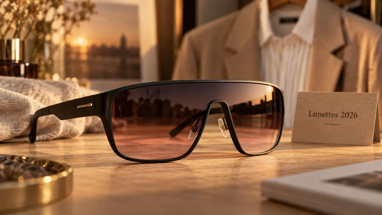 Lunettes de soleil tendance 2026, monture masque noire et verres fumés dégradés cat-eye métal