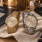 Montres boss femme : acier doré et cadran champagne sur table en lin ivoire