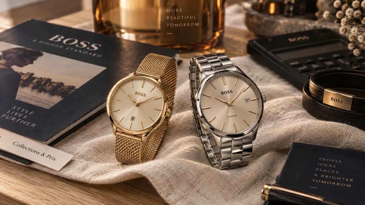Montres boss femme : acier doré et cadran champagne sur table en lin ivoire